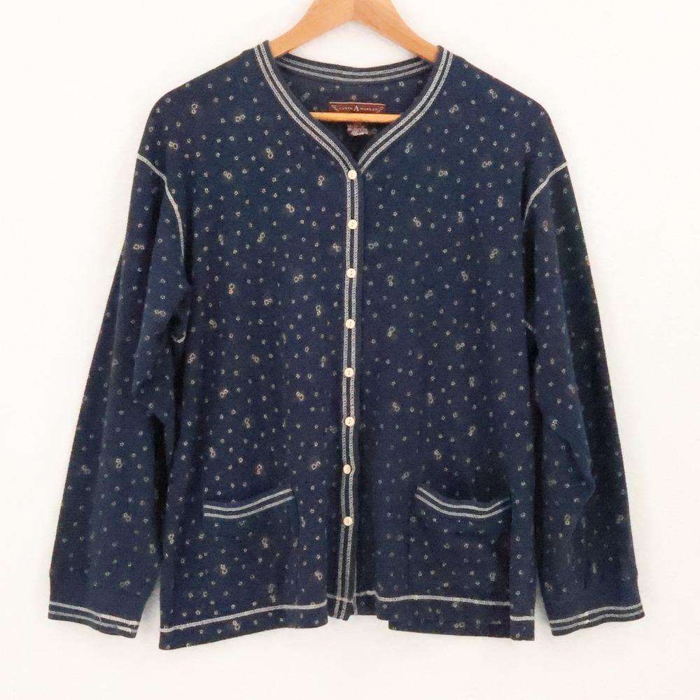 Earth Angels Floral Waffle Knit Cardigan Vintage 90s Size M Blue Cottage Pockets